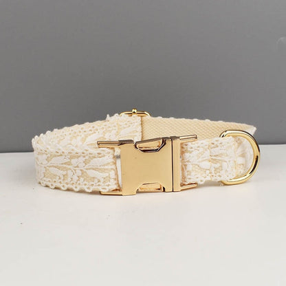 Custom Beige Lace Personalised Dog Collar, Dog Flower, Dog Leash & Dog Harness