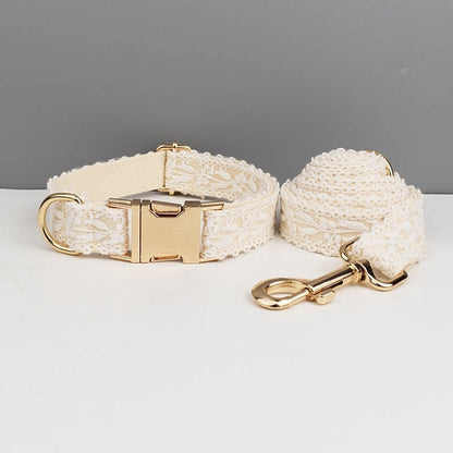 Custom Beige Lace Personalised Dog Collar, Dog Flower, Dog Leash & Dog Harness