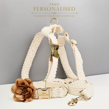 Custom Beige Lace Personalised Dog Collar, Dog Flower, Dog Leash & Dog Harness
