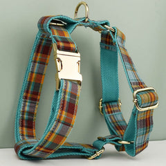 Custom Blue Tartan Personalized Dog Collar, Matching Dog Bowtie, Dog Leash, Poop Bag & Dog Harness, Different Combo
