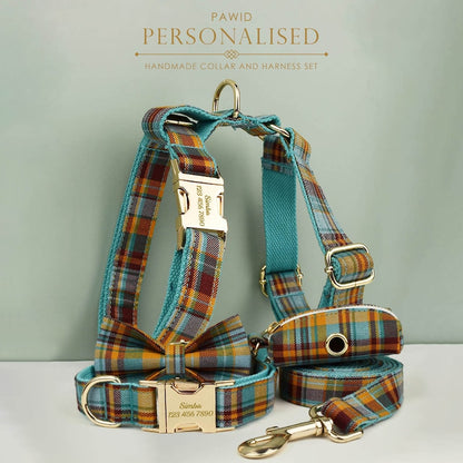 Custom Blue Tartan Personalised Dog Collar, Matching Dog Bowtie, Dog Leash, Poop Bag & Dog Harness