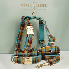 Custom Blue Tartan Personalized Dog Collar, Matching Dog Bowtie, Dog Leash, Poop Bag & Dog Harness, Different Combo