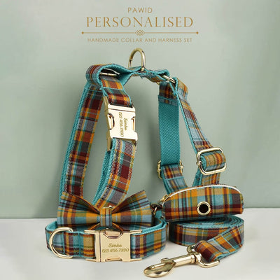 Custom Blue Tartan Personalized Dog Collar, Matching Dog Bowtie, Dog Leash, Poop Bag & Dog Harness, Different Combo
