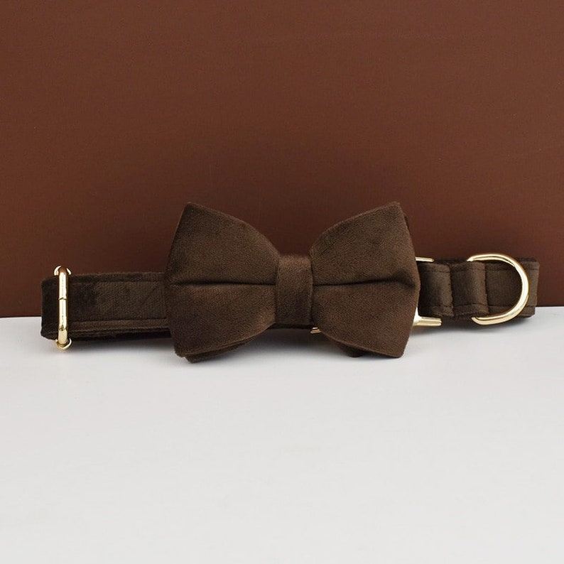 Custom Dark Brown Velvet Personalised Dog Collar, Matching Dog Bowtie, Dog Flower, Dog Leash, Dog Harness & Dog Poop Bag