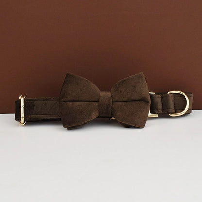Custom Dark Brown Velvet Personalised Dog Collar, Matching Dog Bowtie, Dog Flower, Dog Leash, Dog Harness & Dog Poop Bag