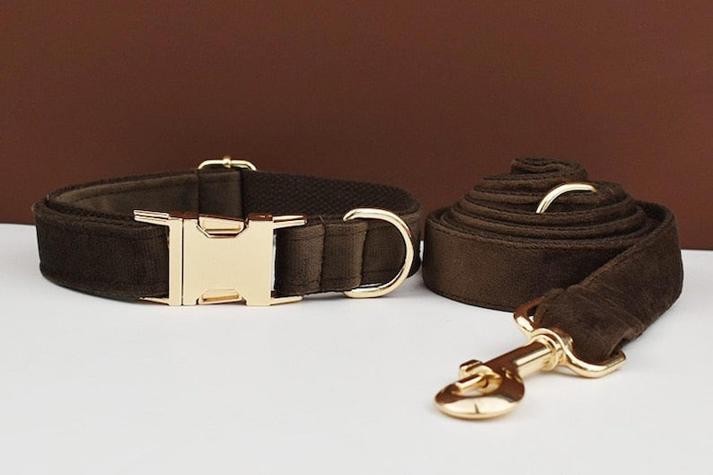 Custom Dark Brown Velvet Personalised Dog Collar, Matching Dog Bowtie, Dog Flower, Dog Leash, Dog Harness & Dog Poop Bag