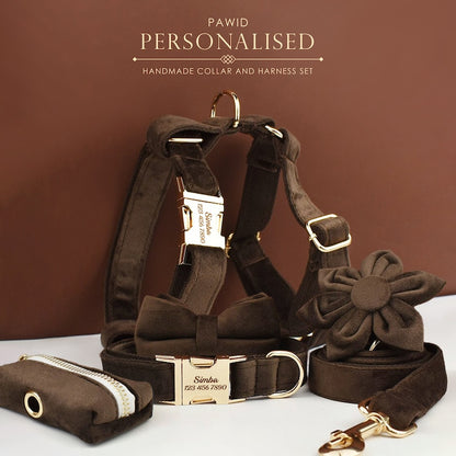 Custom Dark Brown Velvet Personalised Dog Collar, Matching Dog Bowtie, Dog Flower, Dog Leash, Dog Harness & Dog Poop Bag