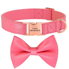 Personalized Engraved Plain Dog Collar Leather Padded with Dog Name Engraved, Dog Collar With Matching Bow Tie