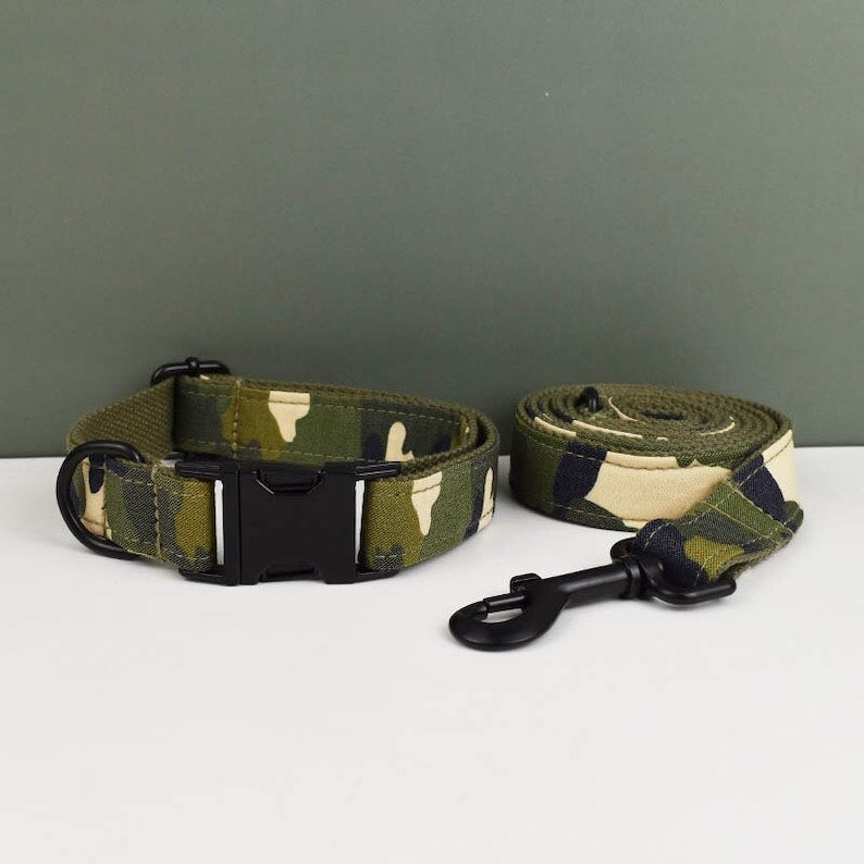 Custom Camouflage Personalised Dog Collar, Matching Dog Bowtie, Dog Leash & Dog Harness