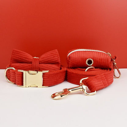 Custom Red Corduroy Personalised Dog Collar, Matching Dog Bowtie, Dog Leash, Dog Harness & Dog Poop Bag
