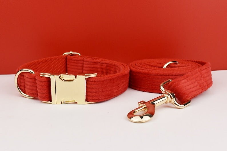 Custom Red Corduroy Personalised Dog Collar, Matching Dog Bowtie, Dog Leash, Dog Harness & Dog Poop Bag