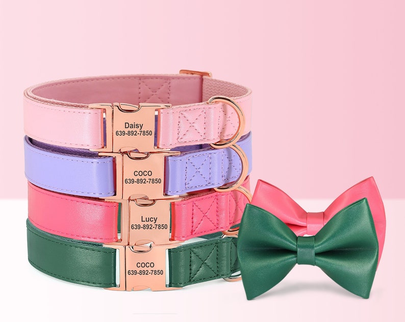 Personalized Engraved Plain Dog Collar Leather Padded with Dog Name Engraved, Dog Collar With Matching Bow Tie