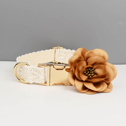 Custom Beige Lace Personalised Dog Collar, Dog Flower, Dog Leash & Dog Harness