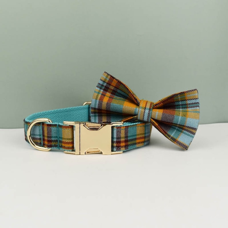 Custom Blue Tartan Personalised Dog Collar, Matching Dog Bowtie, Dog Leash, Poop Bag & Dog Harness