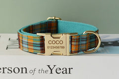Custom Blue Tartan Personalized Dog Collar, Matching Dog Bowtie, Dog Leash, Poop Bag & Dog Harness, Different Combo