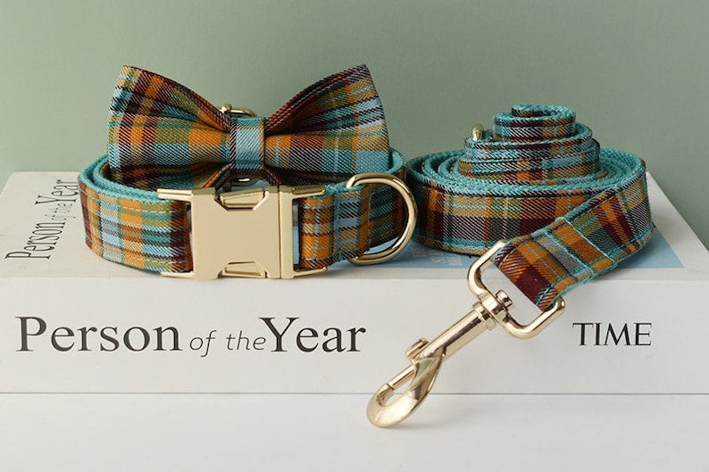 Custom Blue Tartan Personalised Dog Collar, Matching Dog Bowtie, Dog Leash, Poop Bag & Dog Harness