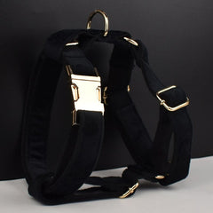 Black Gold Personalized Dog Collar, Matching Dog Harness and Leash Set, Removable Bowtie and Poop Bag Holder