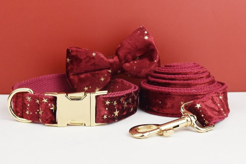 Stars Dog Harness, Custom Red Golden Stars Personalised Velvet Collar, Bowtie, Leash, H Harness, for Christmas and New Year