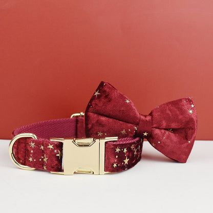 Stars Dog Harness, Custom Red Golden Stars Personalised Velvet Collar, Bowtie, Leash, H Harness, for Christmas and New Year