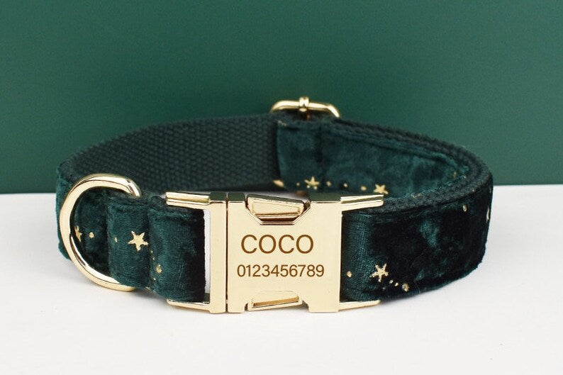Stars Dog Harness, Custom Green with Golden Stars Personalised Velvet Dog Collar, Bowtie, Leash, for Christmas, Wedding