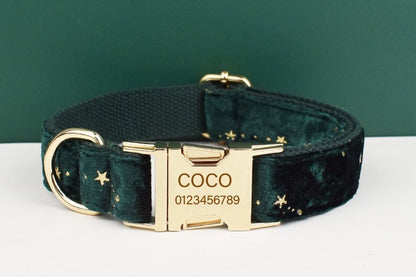 Stars Dog Harness, Custom Green with Golden Stars Personalised Velvet Dog Collar, Bowtie, Leash, for Christmas, Wedding