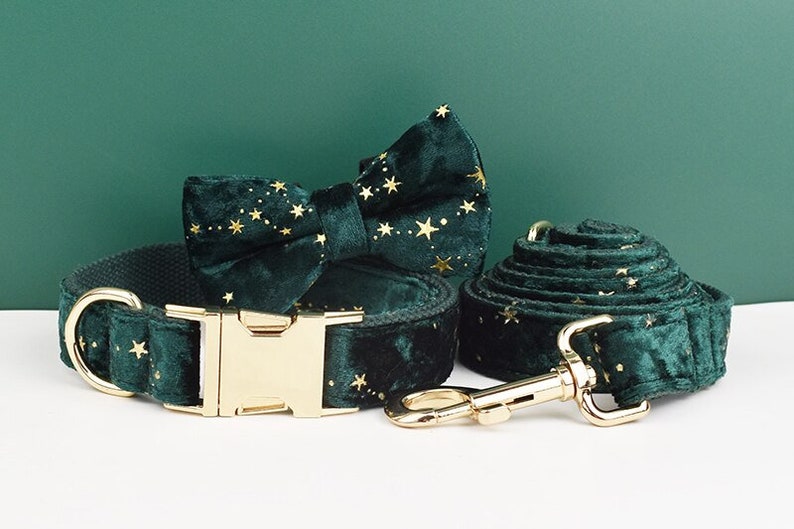 Stars Dog Harness, Custom Green with Golden Stars Personalised Velvet Dog Collar, Bowtie, Leash, for Christmas, Wedding
