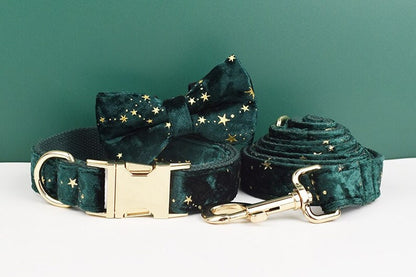 Stars Dog Harness, Custom Green with Golden Stars Personalised Velvet Dog Collar, Bowtie, Leash, for Christmas, Wedding