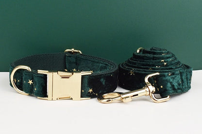 Stars Dog Harness, Custom Green with Golden Stars Personalised Velvet Dog Collar, Bowtie, Leash, for Christmas, Wedding