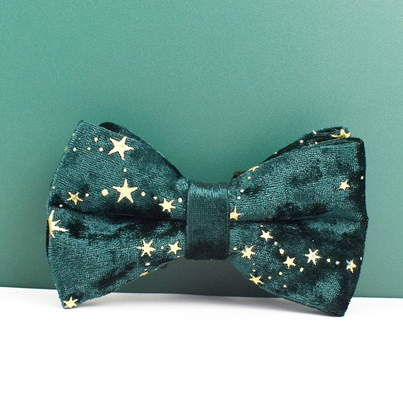Stars Dog Harness, Custom Green with Golden Stars Personalised Velvet Dog Collar, Bowtie, Leash, for Christmas, Wedding