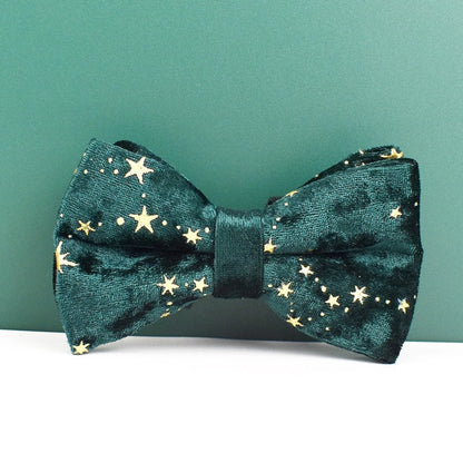 Stars Dog Harness, Custom Green with Golden Stars Personalised Velvet Dog Collar, Bowtie, Leash, for Christmas, Wedding