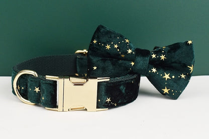 Stars Dog Harness, Custom Green with Golden Stars Personalised Velvet Dog Collar, Bowtie, Leash, for Christmas, Wedding