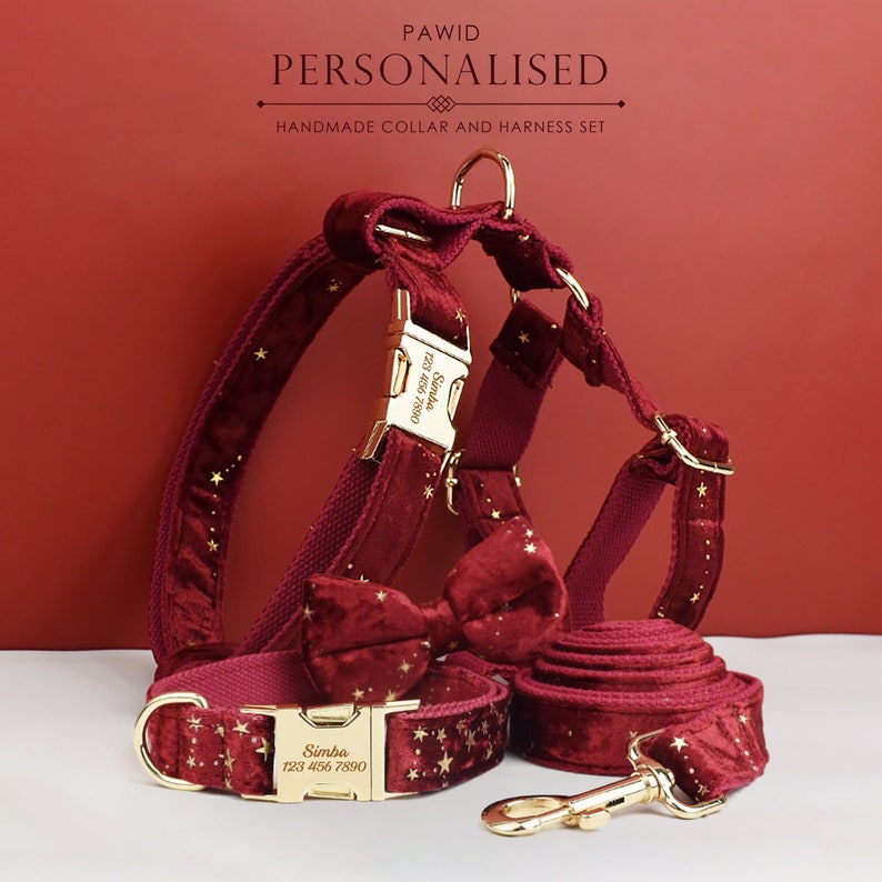 Stars Dog Harness, Custom Red Golden Stars Personalised Velvet Collar, Bowtie, Leash, H Harness, for Christmas and New Year