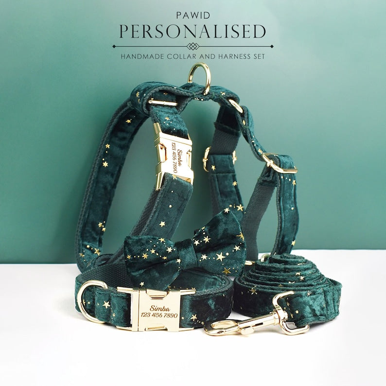 Stars Dog Harness, Custom Green with Golden Stars Personalised Velvet Dog Collar, Bowtie, Leash, for Christmas, Wedding
