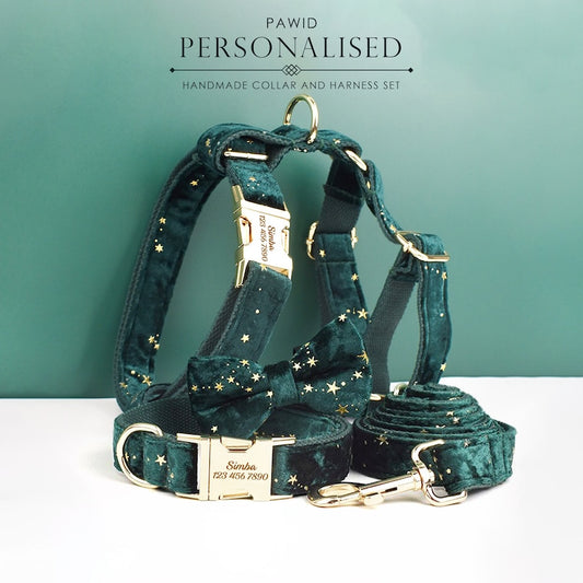 Stars Dog Harness, Custom Green with Golden Stars Personalised Velvet Dog Collar, Bowtie, Leash, for Christmas, Wedding