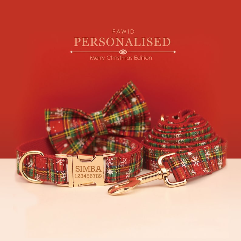 Personalised Christmas Dog Collar with Snowflakes, Green and Red Tartan, Leash, and Bowtie - Custom Festive Pet Accessories in Various Combo