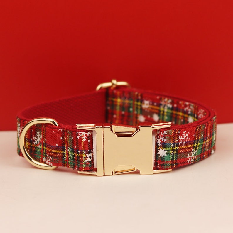 Personalised Christmas Dog Collar with Snowflakes, Green and Red Tartan, Leash, and Bowtie - Custom Festive Pet Accessories in Various Combo