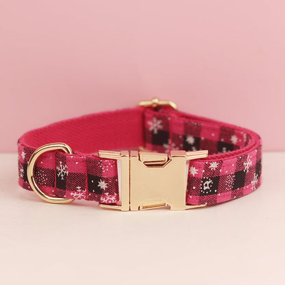 Custom Pink and Black Snowflake Tartan Christmas Dog Harness Set - Collar, Bowtie, Leash - Various Combinations for Festive Pet Fashion