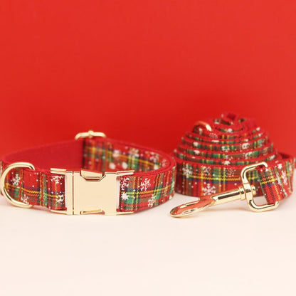 Personalised Christmas Dog Collar with Snowflakes, Green and Red Tartan, Leash, and Bowtie - Custom Festive Pet Accessories in Various Combo