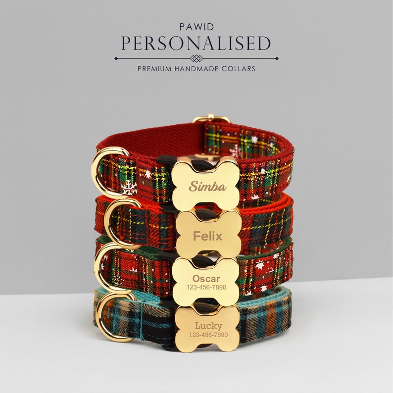 Tartan Dog Collar, Personalised Dog Bone Tag, Plaid Dog Collar and Leash, Collar for Male Dog, Engraved Name on Dog Collar, Boy Collar