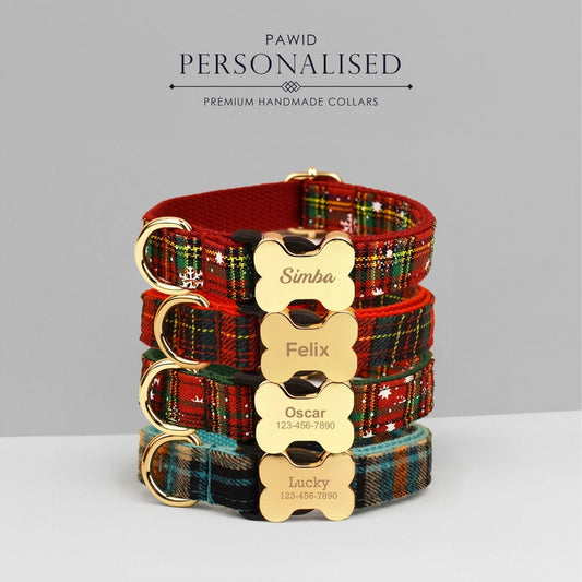 Tartan Dog Collar, Personalised Dog Bone Tag, Plaid Dog Collar and Leash, Collar for Male Dog, Engraved Name on Dog Collar, Boy Collar