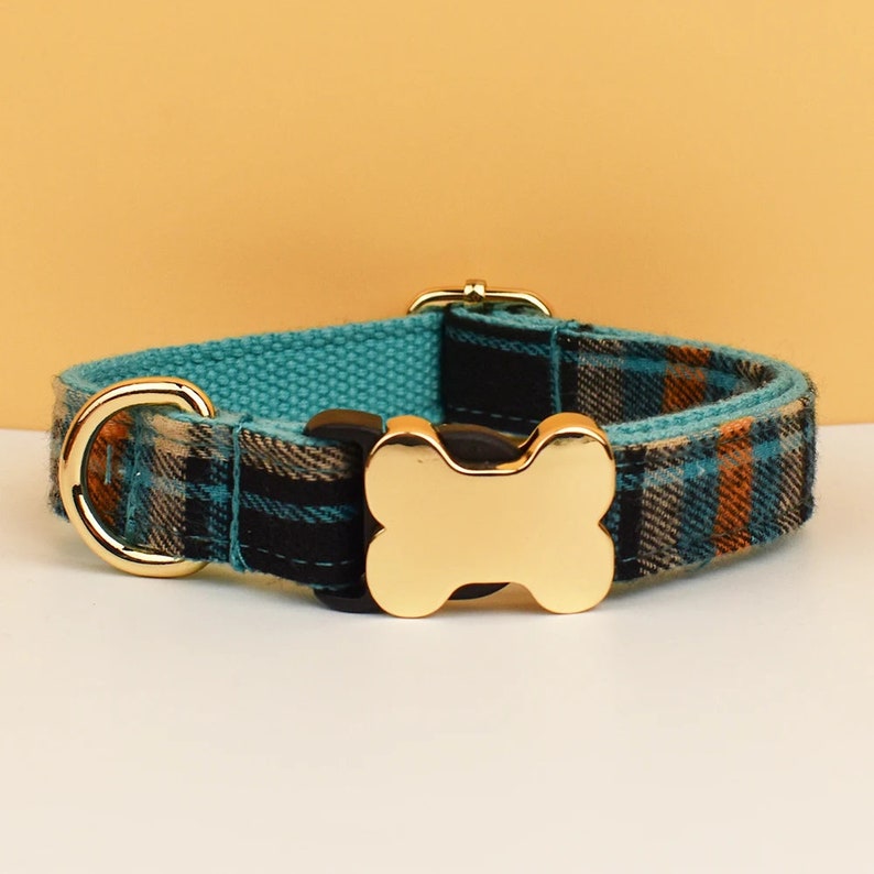 Tartan Dog Collar, Personalised Dog Bone Tag, Plaid Dog Collar and Leash, Collar for Male Dog, Engraved Name on Dog Collar, Boy Collar