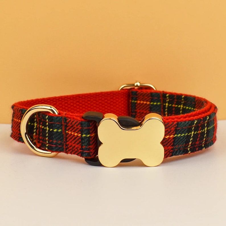 Tartan Dog Collar, Personalised Dog Bone Tag, Plaid Dog Collar and Leash, Collar for Male Dog, Engraved Name on Dog Collar, Boy Collar