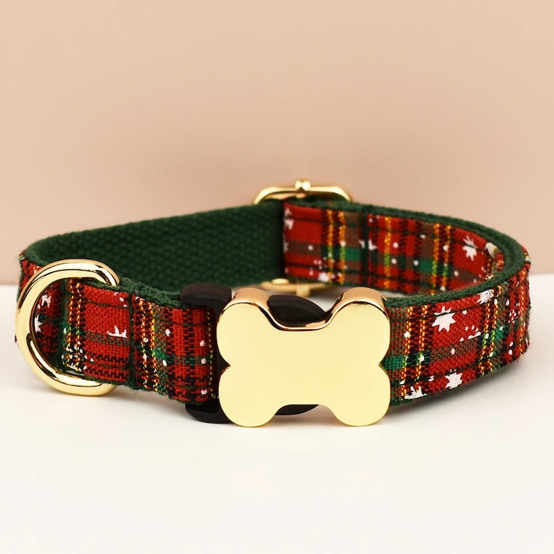 Tartan Dog Collar, Personalised Dog Bone Tag, Plaid Dog Collar and Leash, Collar for Male Dog, Engraved Name on Dog Collar, Boy Collar
