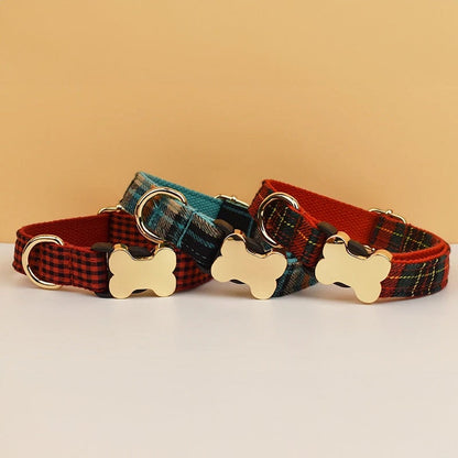 Tartan Dog Collar, Personalised Dog Bone Tag, Plaid Dog Collar and Leash, Collar for Male Dog, Engraved Name on Dog Collar, Boy Collar