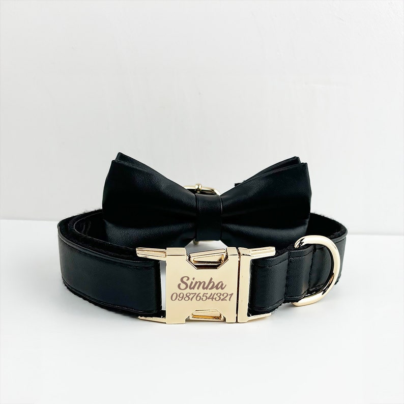 Leather Dog Harness, Black PU Collar/Lead/Bowtie/Harness/Bag,Solid Dog Collar Leash Set, Engraved Metal Buckle,Easy Clean,Wedding Puppy Gift