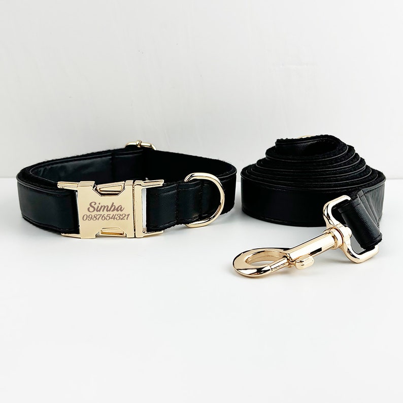 Leather Dog Harness, Black PU Collar/Lead/Bowtie/Harness/Bag,Solid Dog Collar Leash Set, Engraved Metal Buckle,Easy Clean,Wedding Puppy Gift