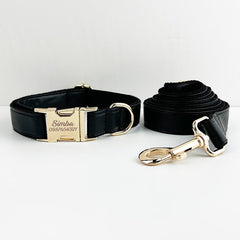 Leather Dog Harness, Black PU Collar/Lead/Bowtie/Harness/Bag,Solid Dog Collar Leash Set, Engraved Metal Buckle,Easy Clean,Wedding Puppy Gift