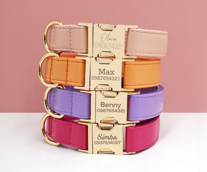 PU Leather Dog Collar, Collar/Lead/Poop Bag, Dog Collar Leash Set Pink+Orange+Purple+Hot Pink Engraved Metal Buckle, Wedding Puppy Gift