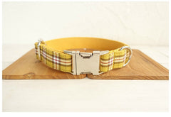 Personalized Laser Engraved Handmade YELLOW/Orange PLAID Cat Dog Collar Leash Bowtie, Different Combo