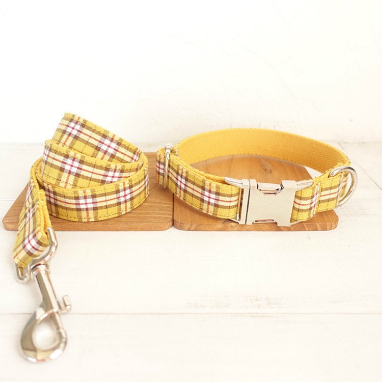 Personalised YELLOW/Orange PLAID Cat Dog Collar Leash Bowtie